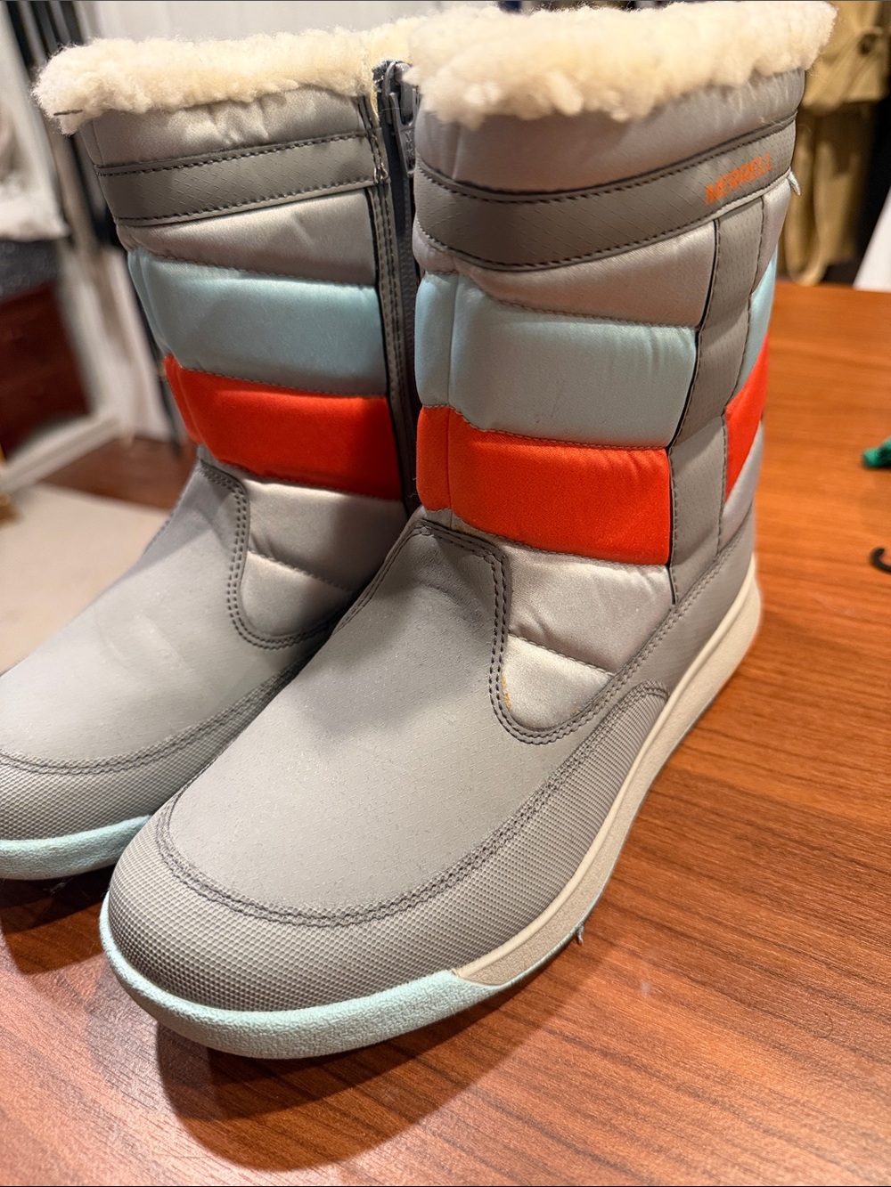 Merrell Women's Light Gray Winter Boots with Orange Accent